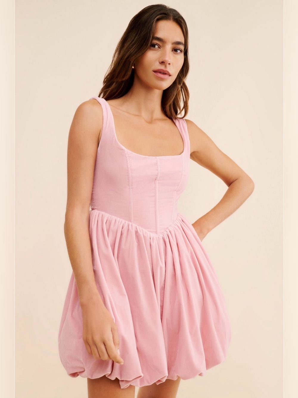 Anthropologie BHLDN Ariana velvet Light Pink Square-Neck Bubble mini Dress